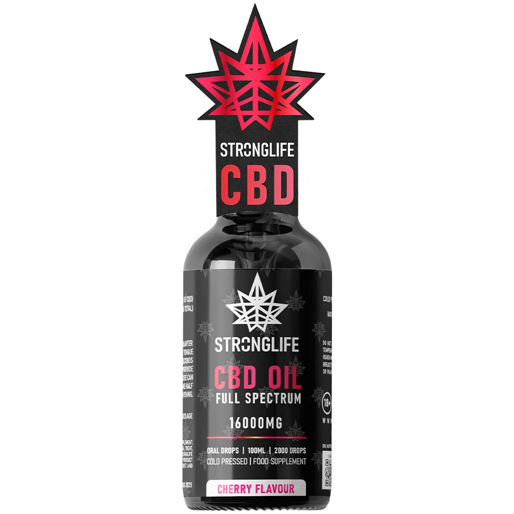 BritishCBD | Leading Supplier of CBD & Hemp Products 38 Stronglife 100ml 16000mg Cherry Flavoured CBD Oil Full Spectrum CBD Oil UK